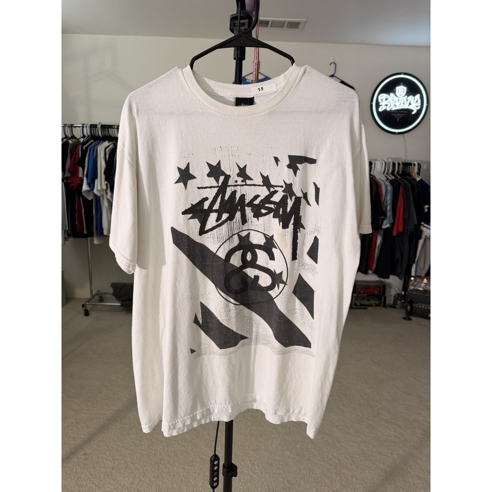 Stussy Large White Graphic T Shirt Streetwear Logo Stars Made in Mexico L